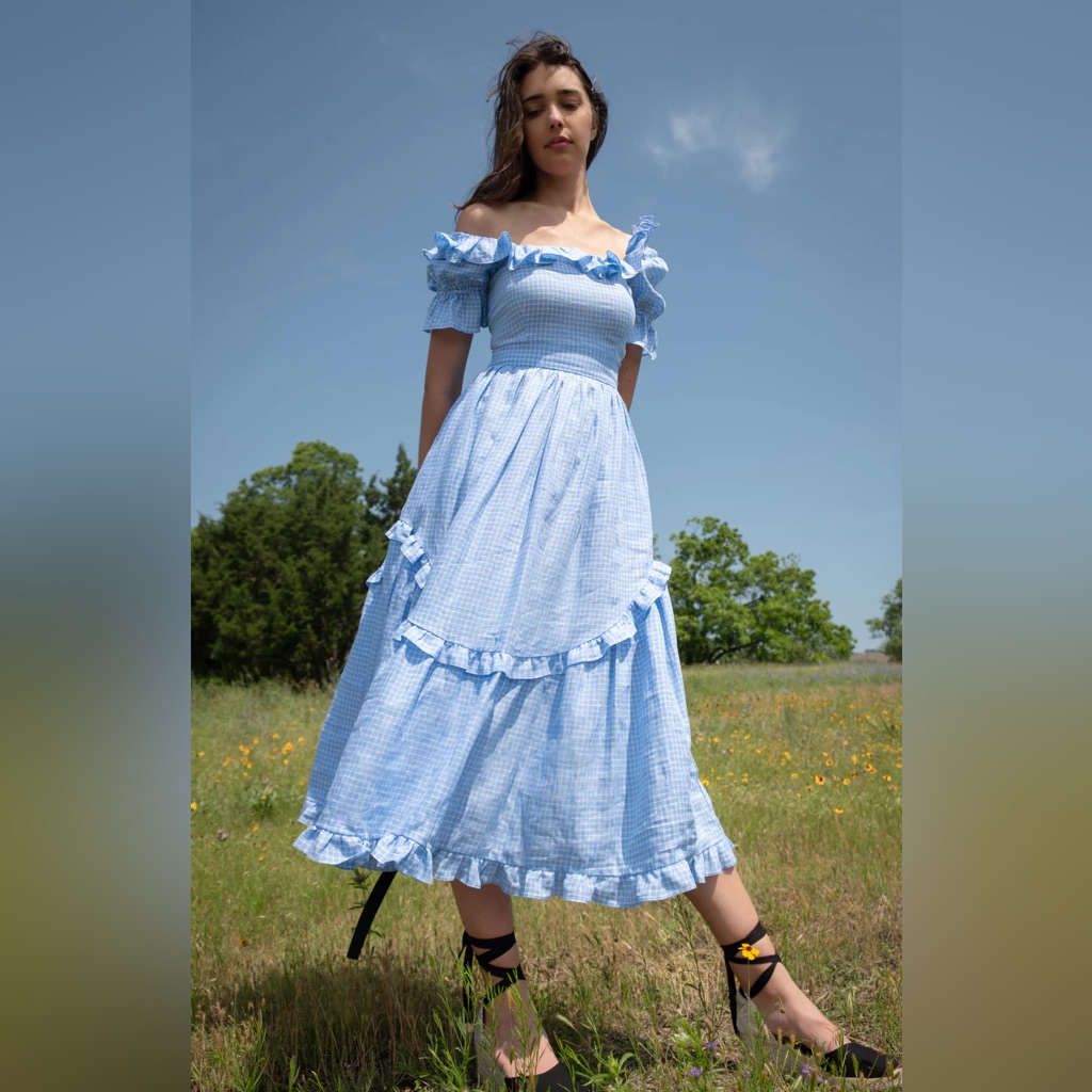 Blue Gingham Midi Dress With Ruffle Trim — image 4 of 6